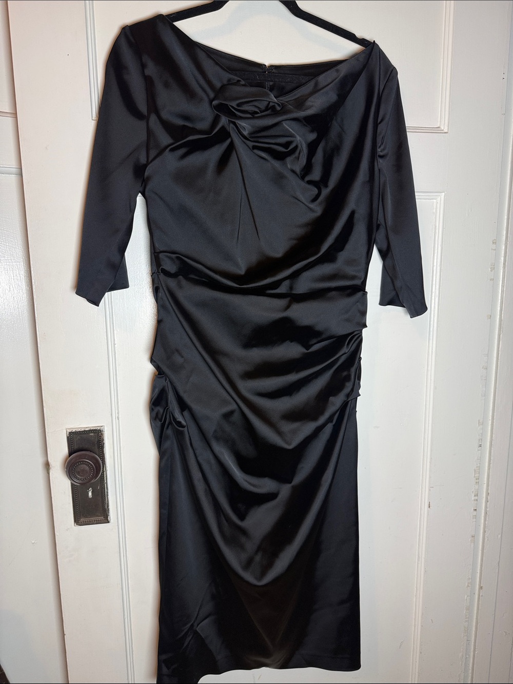 Talbot Runhof - Gosling 3/4 Sleeve Ruched Satin Dress Black